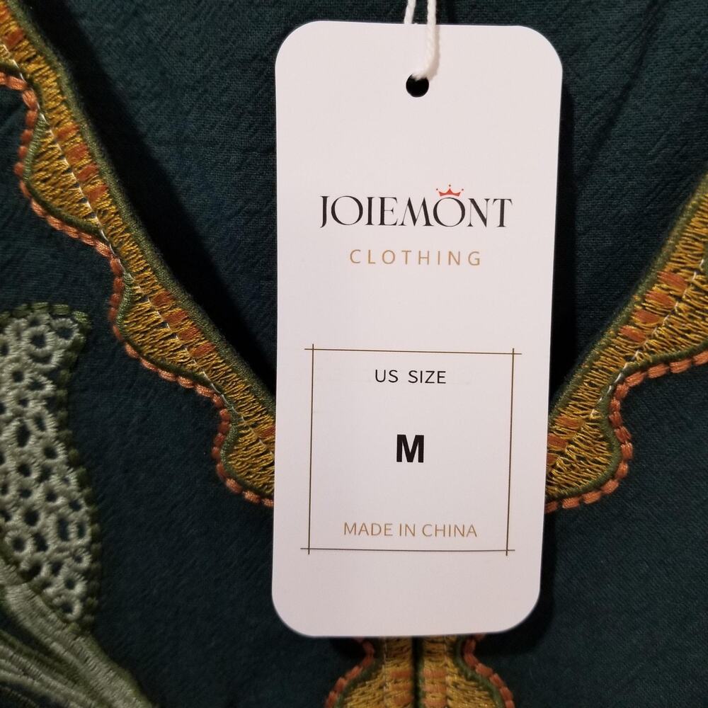 JOIEMONT Kaftan Dress Womens Medium Green Embroidered Floral Boho V Neck NEW - Picture 3 of 8